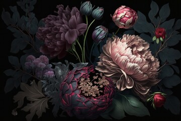 Beautiful baroque flower. Garden flowers with leaves on a dark background. Roses, tulips, and peonies in pastel pink and white. A really high end look and feel, Generative AI