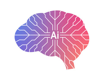Electronic circuit in the shape of a human brain with the acronym Ai in the middle to represent artificial intelligence and machine learning.