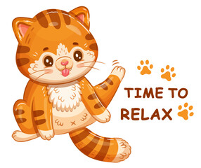 Cute red cat sit with paw up washing lick itself. Funny lazy striped little kitten clean fur with tongue. Pet animal cartoon character. Relax time. Feline hair hygiene. Kid print, greeting card vector