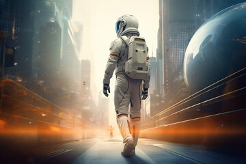 Astronaut walking into future. Futuristic, modern, AI. Created using generative AI.