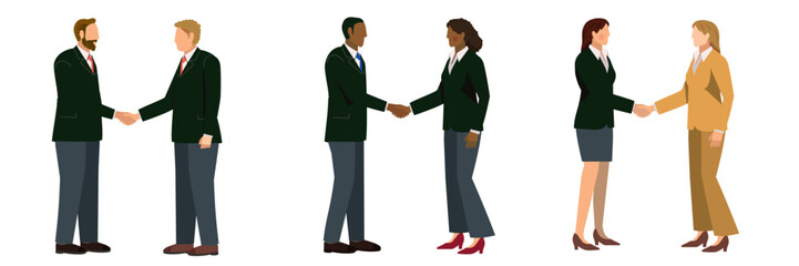 握手をする多民族のスーツ姿のビジネスマンのイラストセット　ビジネスイメージ商談