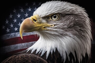Naklejka premium majestic bald eagle with the American flag as the backdrop. Generative AI
