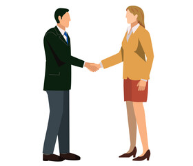 握手をするスーツ姿の男性とスーツ姿の白人女性のイラスト　ビジネスイメージ商談