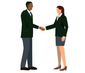 握手をするスーツ姿の黒人男性とスーツ姿の女性のイラスト　ビジネスイメージ商談
