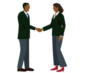 握手をするスーツ姿の黒人男性とスーツ姿の黒人女性のイラスト　ビジネスイメージ商談