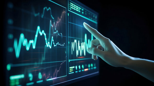 Businessman hand pointing at stock dashboard show on computer screen and profit neon lighting stock graph diagram on dark tone background and dark copy space business concept.