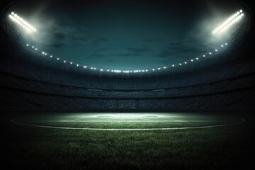 Fototapeta na wymiar soccer stadium with illuminated green field, stands and lights. Generative AI