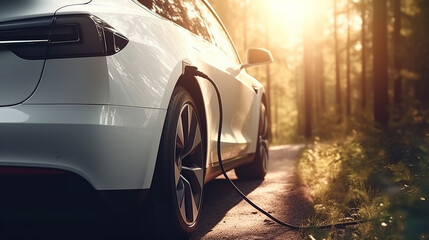 Obraz na płótnie Canvas EV Car or Electric car at charging station nature background, charge battery electric car ,Environment day Concept, Generative AI 