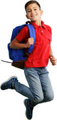 Happy young school child with backpack on background