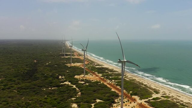 Group of windmills for renewable electric energy production. Mannar, Sri Lanka. Wind Power Station.