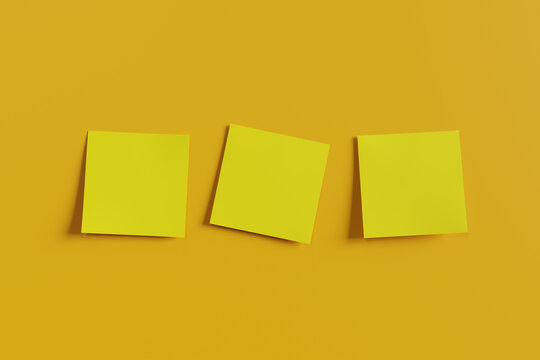 Three square yellow notes on a yellow background. 3d rendering