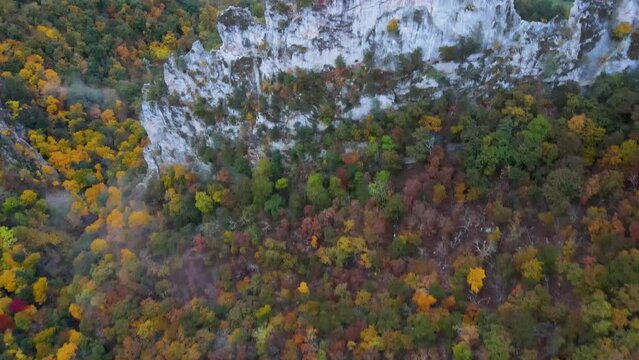 Aerial view of Seneca Rocks during Falls at West Virginia on a rainy day, 