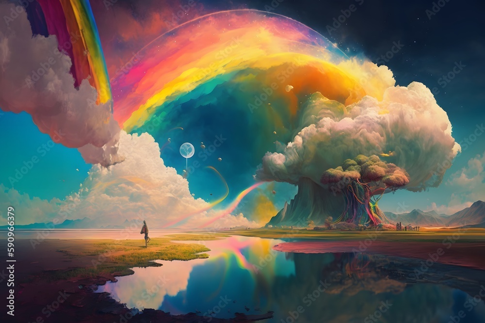 Wall mural landscape with rainbow created using ai generative technology