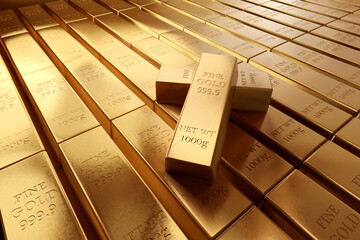 Stack of gold bar. Gold market and Treading background concept. 3D rendering. © piyaset