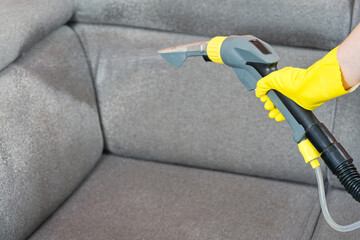 Textile sofa chemical cleaning with professionally extraction method. Upholstered furniture....