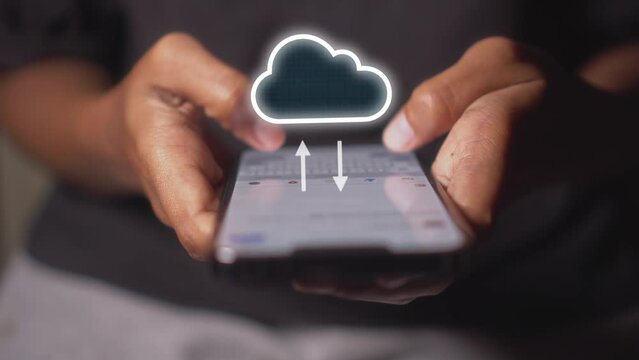 Big data visualization data center analytics phone with data being synchronized to cloud computing online storage and IOT computer network connectivity for devices. Blockchain, Cloud storage, AI
