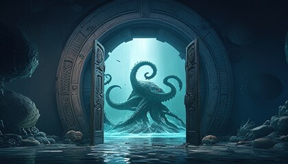kraken lair portal, digital art illustration, Generative AI