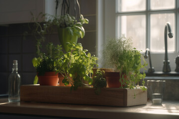 Fototapeta na wymiar Dding plants to your kitchen can bring life and color to the space. Consider hanging a small herb garden, or adding potted plants to your countertop or windowsill. Generative AI