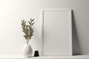 Empty square frame mockup in the modern minimalist interior with plant in trendy vase on white wall background, Generative AI
