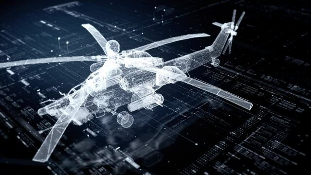 Futuristic tactical head up display of holographic attack helicopter digitally generated image virtual reality in cyber space background environment