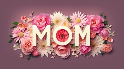 Illustration of Mom Text Word Made With Flowers for Mothers Day By Generative AI