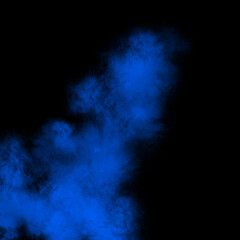Fototapeta premium Blue color powder explosion isolated on black background. Royalty high-quality free stock photo image of Blue powder explosion. Colorful dust explode. Paint Holi, Blue dust particles splash