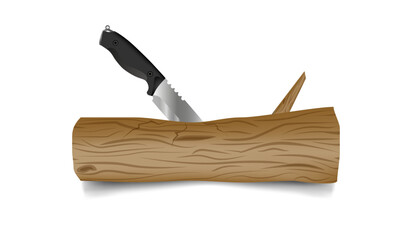 Illustration of a survival knife stuck in a log. Vector illustration of a knife and a log