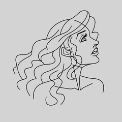Line drawing of woman with long wavy hair