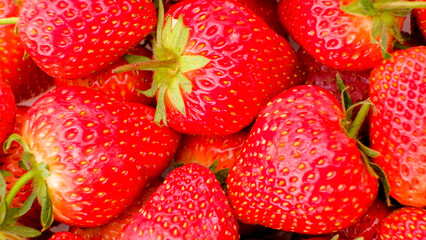 Group of red strawberries, Top view, Close up