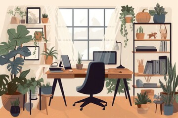 A modern and calming illustration of a cozy home office setup, with plants and natural light, Generative AI