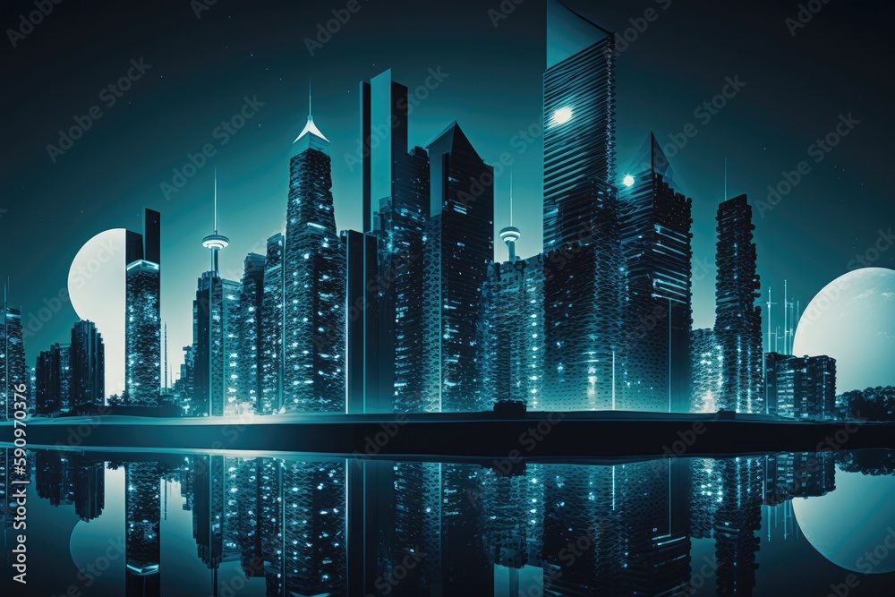 Sticker futuristic cityscape with a mesmerizing reflection on the water at night. generative ai