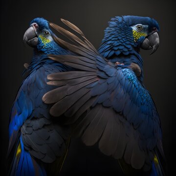 astonishing beautifilly made two navy blue parrots portrait of their faces spreading their wings and show their backs bokeh hyazinth in front of a very dark blue backround with gradient photo 