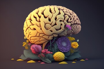 Human brain with spring flowers, symbolizing mental health and self care concept, positive thinking, creative mind, positive ideas, Generative AI