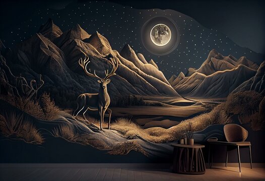 3d modern art mural wallpaper with night landscape with dark mountains, gray background with stars deer, black trees, and golden waves. Generative AI