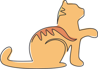 One single line drawing of simple cute cat kitten icon. Pet shop logo emblem vector concept. Dynamic continuous line draw design graphic illustration