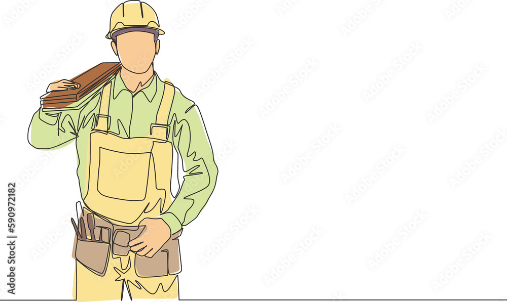 Wall mural Single continuous line drawing of young handsome lumberjack on uniform carrying stack of wooden boards. Building construction service concept one line draw design illustration - Wall murals