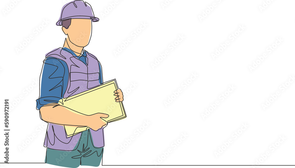 Poster single continuous line drawing of young attractive foreman controlling building development progress