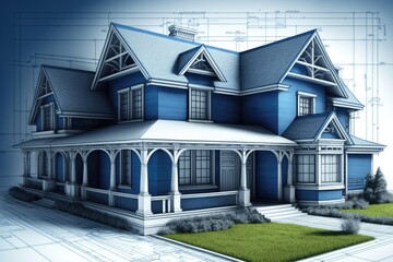 house with architectural blueprints. Generative AI