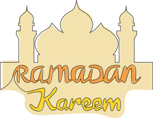 One single line drawing of Happy Eid Al Fitr Mubarak and Ramadan Kareem concept. Islamic holiday calligraphic design for print, greeting card, banner, poster. Continuous line draw design illustration