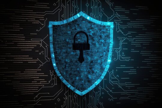 blue shield with a lock symbol for security. Generative AI