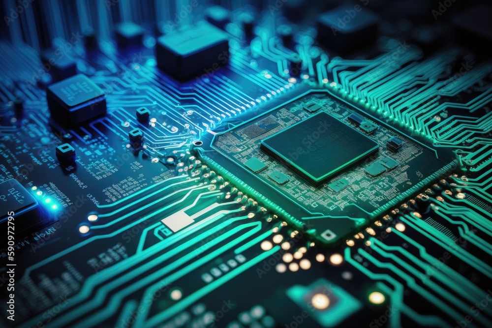 Poster close up of a computer's circuit board featuring a cpu chip. generative ai