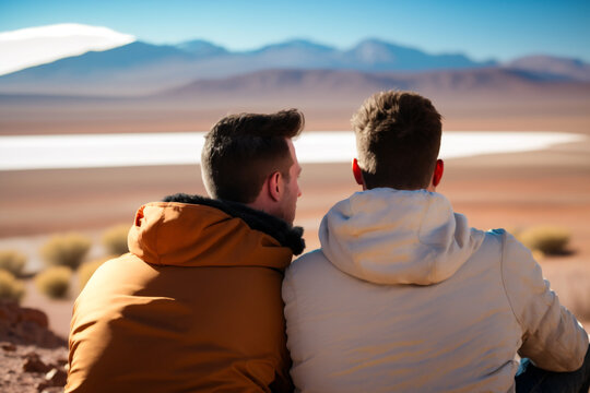 Gay couple traveling wanderlust pride desert