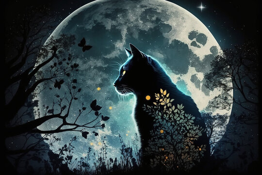 Black cat with full moon and surreal cosmic sky background illustration. Generative AI
