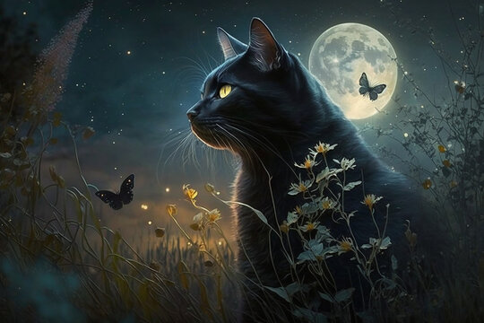 Black cat with full moon and surreal cosmic sky background illustration. Generative AI