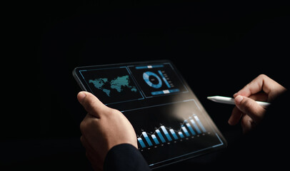 Digital online marketing concept, finance and investment. Businessman analyzing data growth graph and making investment plan