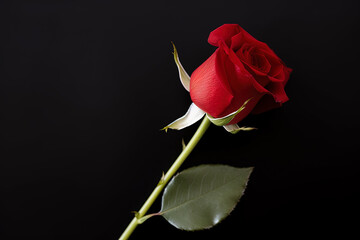 Beautiful red rose as a symbol of love on black background with copy space. Created with Generative AI Technology