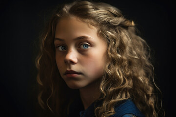 Naklejka premium young girl with blue eyes and blond wavy hair created with Generative AI technology