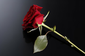 Beautiful red rose as a symbol of love on black background. Created with Generative AI Technology