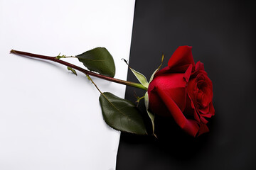 Beautiful red rose as a symbol of love on white and black background. Created with Generative AI Technology