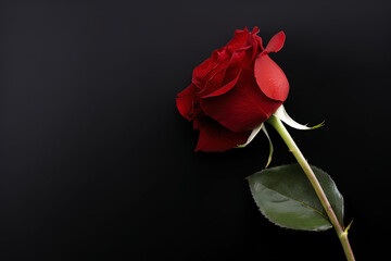 Obraz premium Beautiful red rose as a symbol of love on black background with copy space. Created with Generative AI Technology